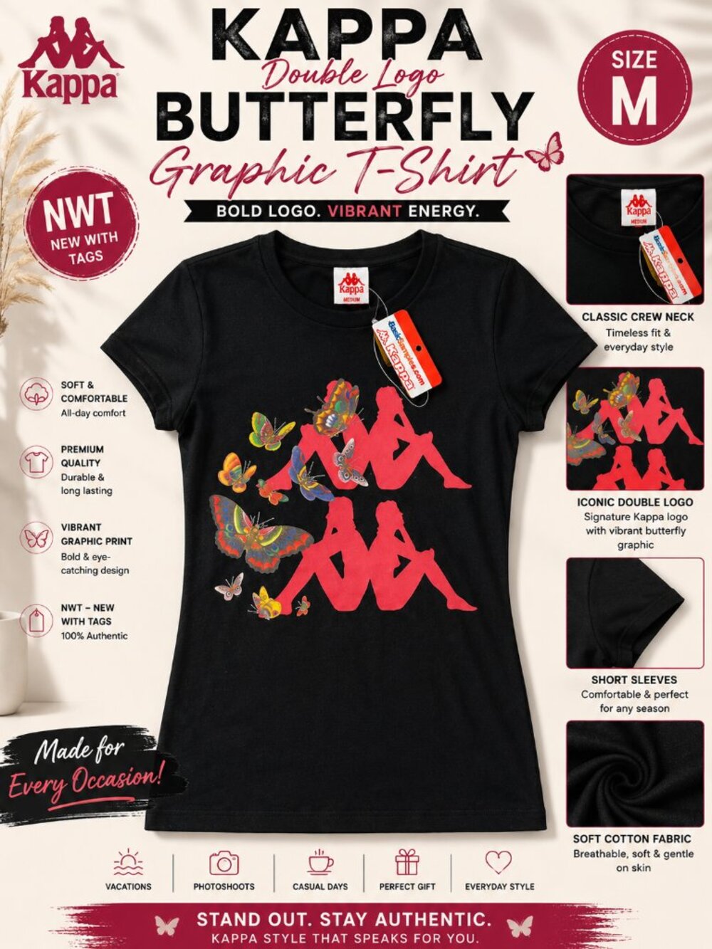 NWT Kappa Double Logo Butterfly Graphic T-Shirt Women's Size M